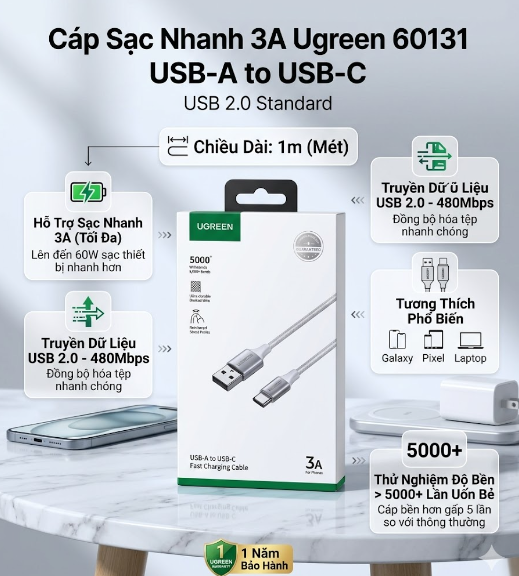 Cáp Sạc Nhanh USB-A 2.0 Sang Type-C Dài 1M UGREEN 60131 - Hỗ Trợ Sạc Nhanh 3A, Dây Dù Bền Bỉ